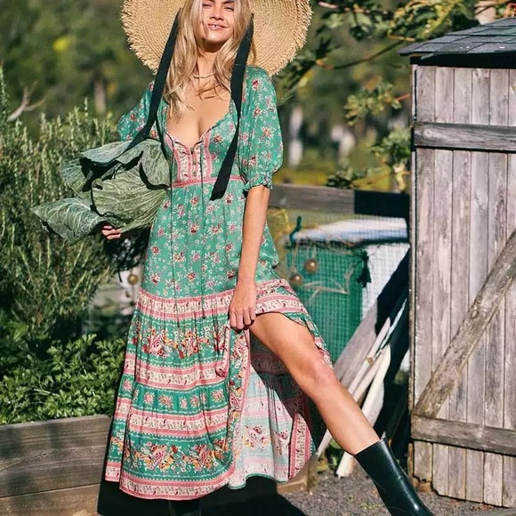 SOLD OUT Turquoise Floral Boho Off Shoulder Dress - Picture 4 of 7